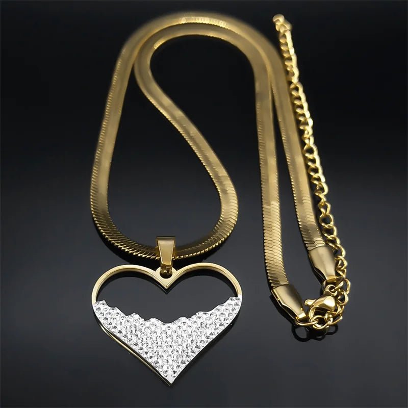 Crystal Love Heart Pendant Necklace Choker for Women Stainless Steel GoldAzizaK