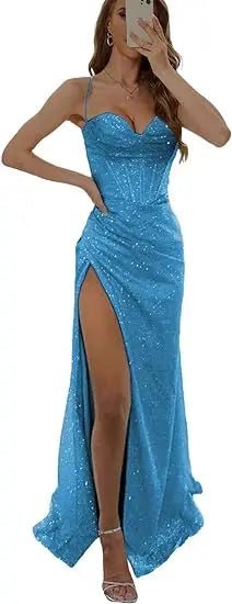 Customizable sequin evening dress with thin straps bustier and lace - up backAzizaK