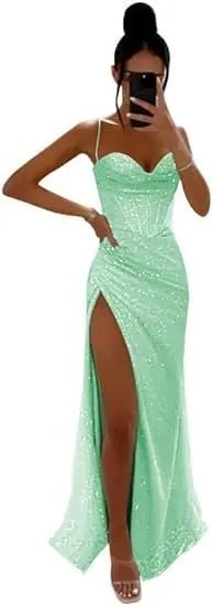 Customizable sequin evening dress with thin straps bustier and lace - up backAzizaK