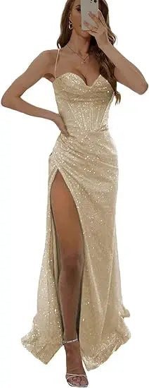 Customizable sequin evening dress with thin straps bustier and lace - up backAzizaK