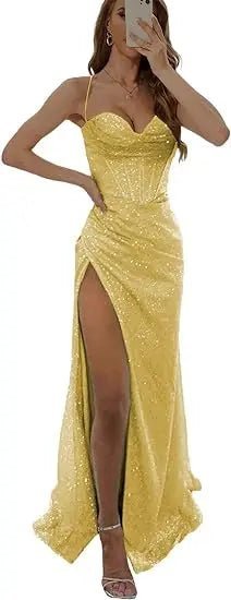 Customizable sequin evening dress with thin straps bustier and lace - up backAzizaK