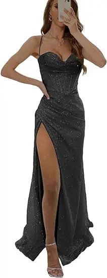 Customizable sequin evening dress with thin straps bustier and lace - up backAzizaK