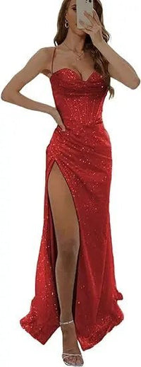 Customizable sequin evening dress with thin straps bustier and lace - up backAzizaK