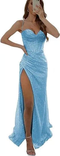 Customizable sequin evening dress with thin straps bustier and lace - up backAzizaK