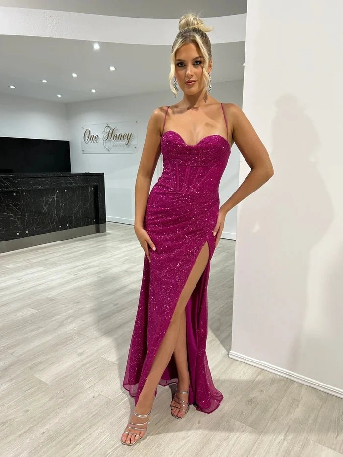 Customizable sequin evening dress with thin straps bustier and lace - up backAzizaK