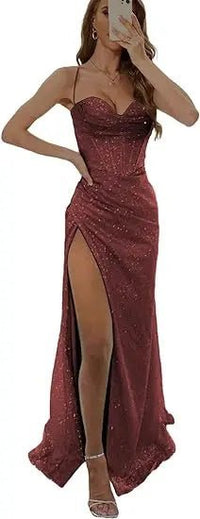 Customizable sequin evening dress with thin straps bustier and lace - up backAzizaK