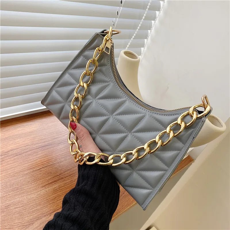 Diamond Pattern Women's Shoulder Bag Solid Color PU Leather Underarm Handbag with Niche Chain Fashionable for ShoppingAzizaK