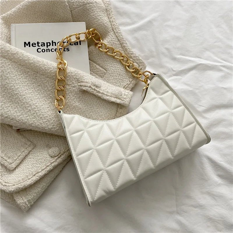 Diamond Pattern Women's Shoulder Bag Solid Color PU Leather Underarm Handbag with Niche Chain Fashionable for ShoppingAzizaK