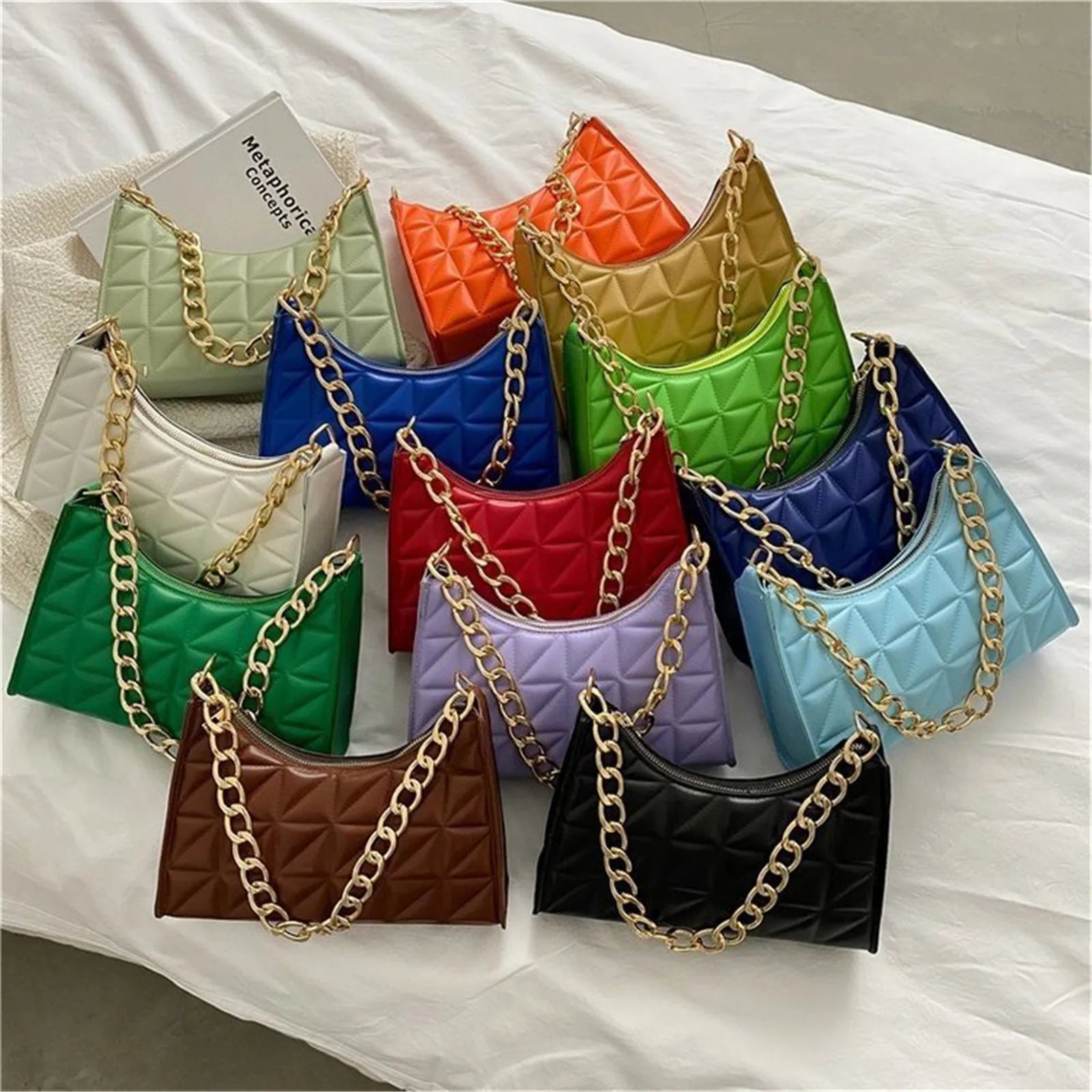 Diamond Pattern Women's Shoulder Bag Solid Color PU Leather Underarm Handbag with Niche Chain Fashionable for ShoppingAzizaK