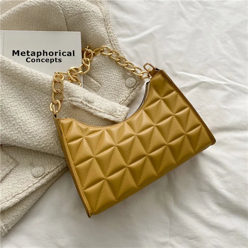 Diamond Pattern Women's Shoulder Bag Solid Color PU Leather Underarm Handbag with Niche Chain Fashionable for ShoppingAzizaK