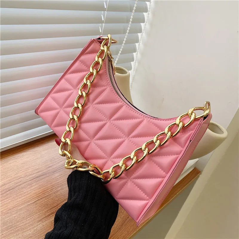 Diamond Pattern Women's Shoulder Bag Solid Color PU Leather Underarm Handbag with Niche Chain Fashionable for ShoppingAzizaK