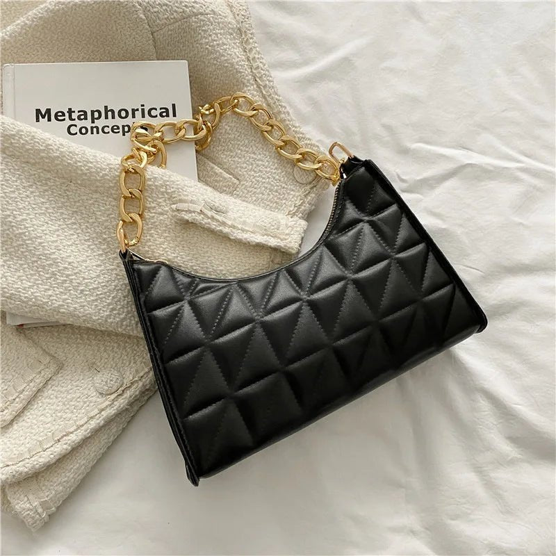 Diamond Pattern Women's Shoulder Bag Solid Color PU Leather Underarm Handbag with Niche Chain Fashionable for ShoppingAzizaK