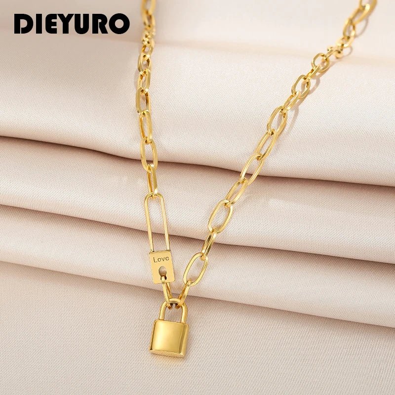 DIEYURO 316L Stainless Steel Letter Love Lock Pendant Thick Chain Necklace FemaleAzizaK