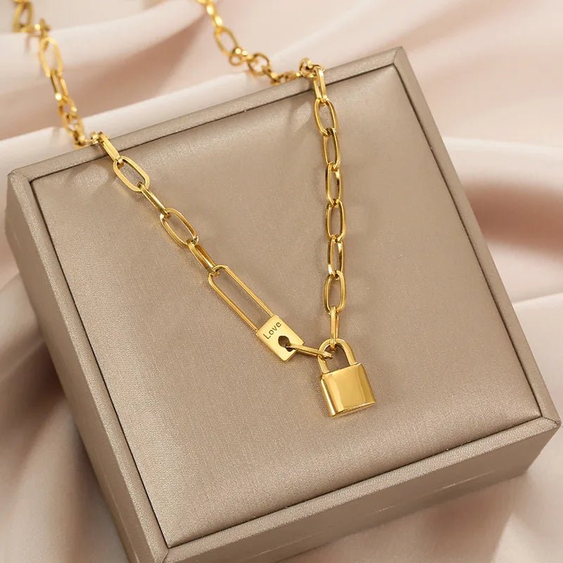 DIEYURO 316L Stainless Steel Letter Love Lock Pendant Thick Chain Necklace FemaleAzizaK