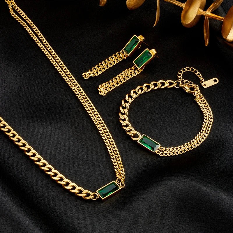 DIEYURO 316L Stainless Steel Square Green Crystal Zircon Necklace Bracelets Earrings For Women Girl Fashion Non - fading JewelryAzizaK