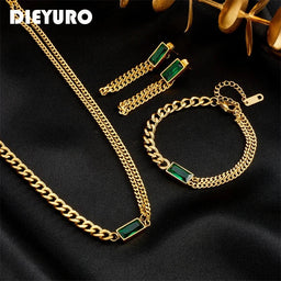 DIEYURO 316L Stainless Steel Square Green Crystal Zircon Necklace Bracelets Earrings For Women Girl Fashion Non - fading JewelryAzizaK