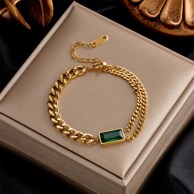 DIEYURO 316L Stainless Steel Square Green Crystal Zircon Necklace Bracelets Earrings For Women Girl Fashion Non - fading JewelryAzizaK