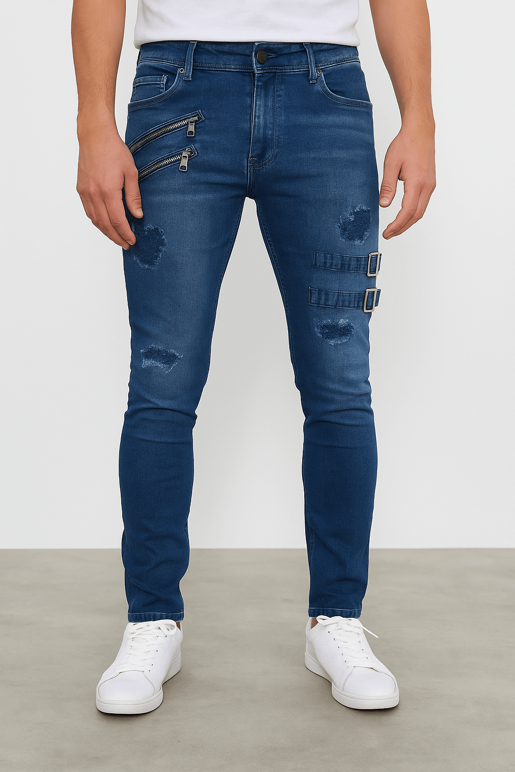 Distressed Buckle Slim Fit Denim Jeans – Multiple ColorsAzizaK