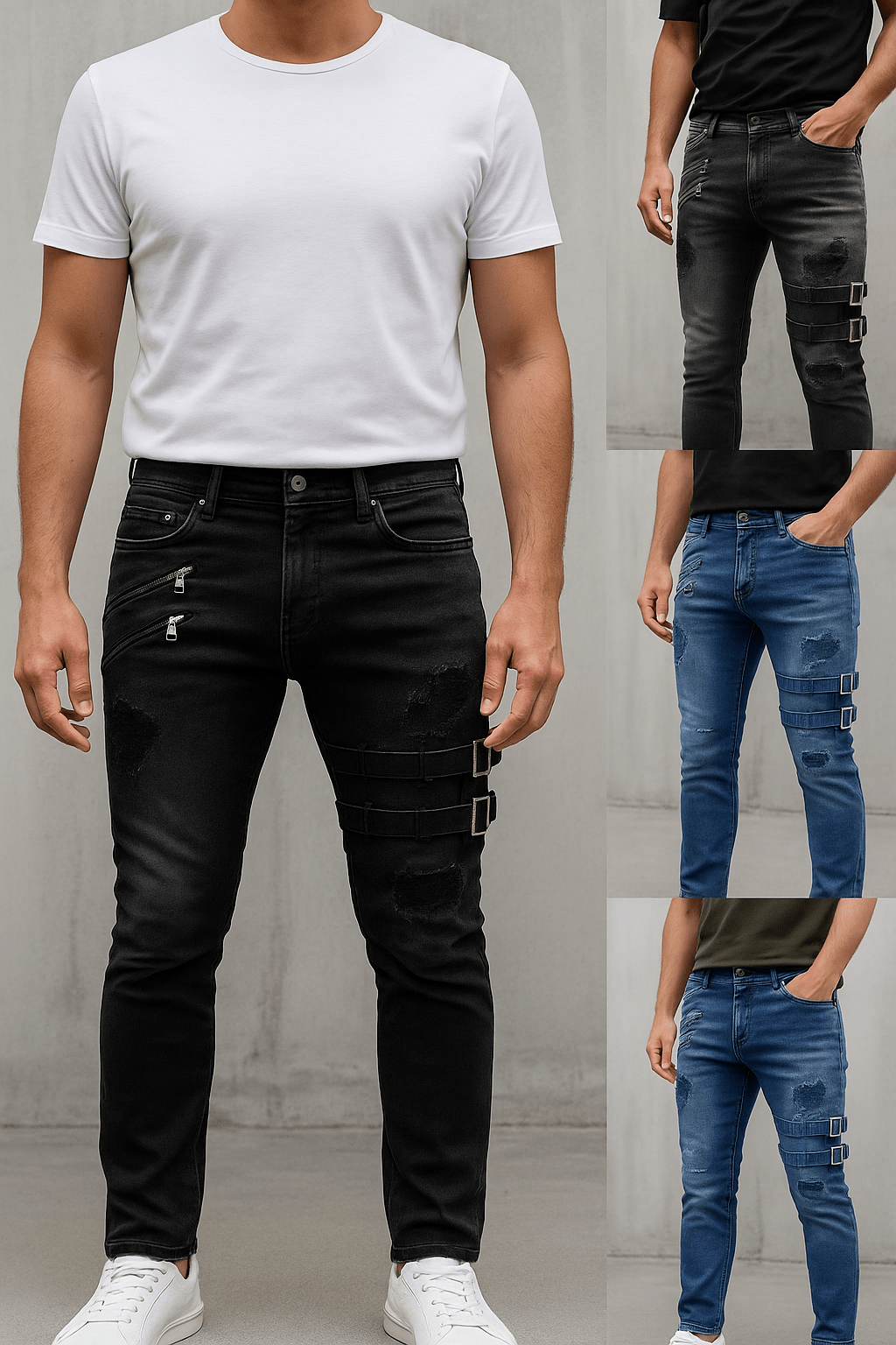Distressed Buckle Slim Fit Denim Jeans – Multiple ColorsAzizaK