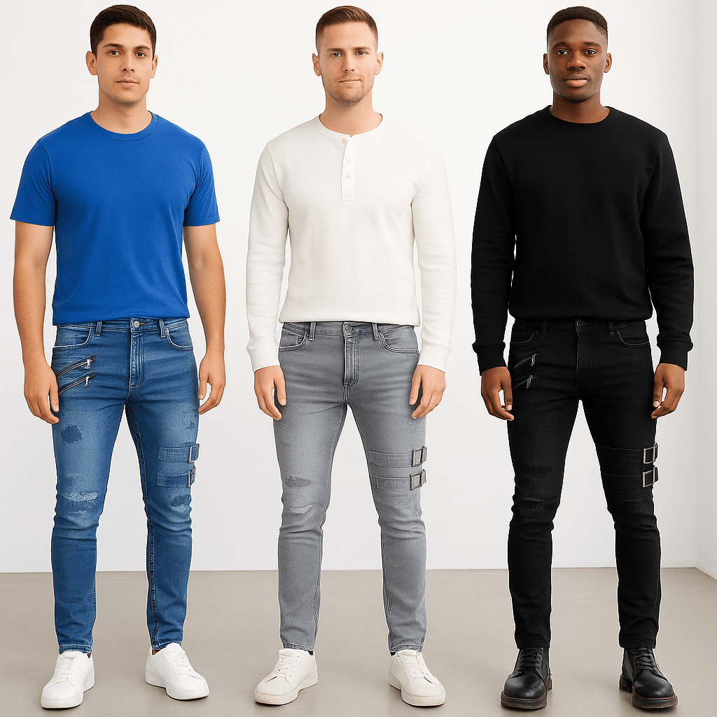 Distressed Buckle Slim Fit Denim Jeans – Multiple ColorsAzizaK