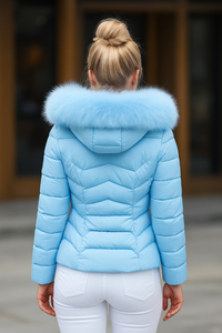 coat with artificial raccoon fur collar