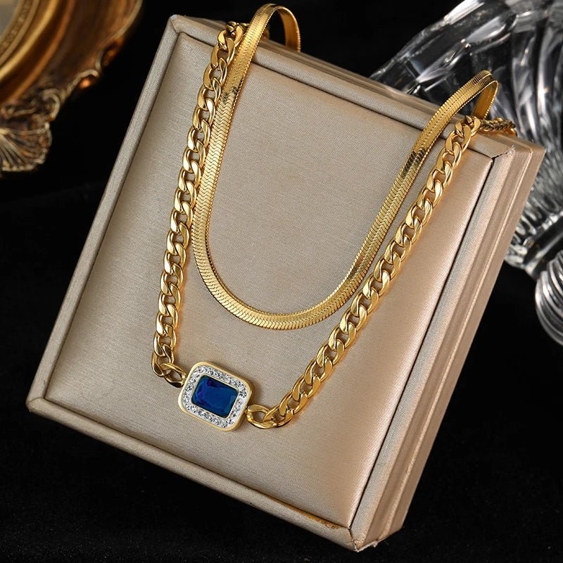 EILIECK 316L Stainless Steel Blue Zircon Gold Color Snake Chain Necklace Earrings For Women Luxury Designer Wedding Jewelry SetsAzizaK