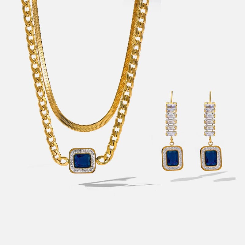 EILIECK 316L Stainless Steel Blue Zircon Gold Color Snake Chain Necklace Earrings For Women Luxury Designer Wedding Jewelry SetsAzizaK