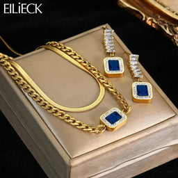 EILIECK 316L Stainless Steel Blue Zircon Gold Color Snake Chain Necklace Earrings For Women Luxury Designer Wedding Jewelry SetsAzizaK