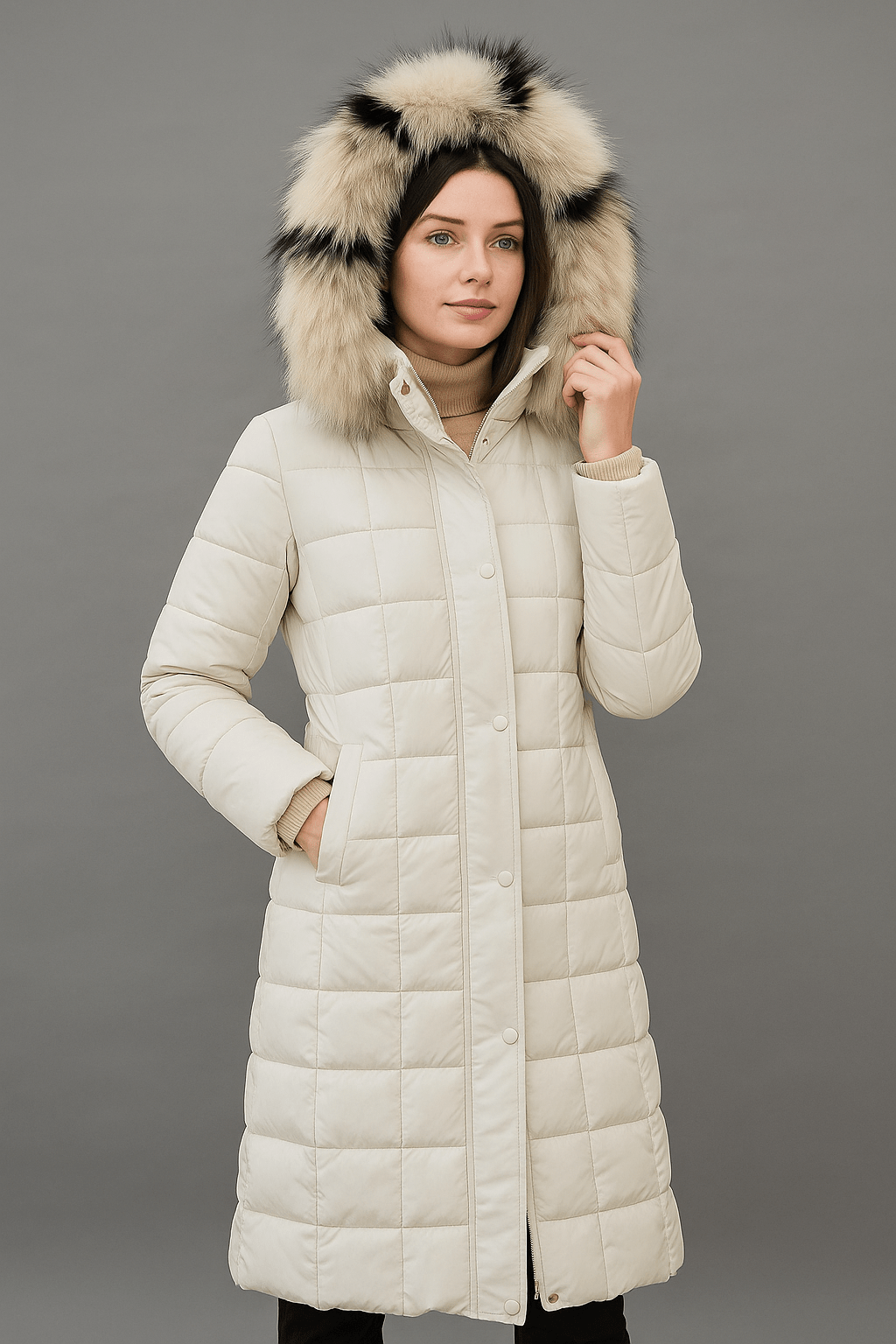 Elegant Long Puffer Coat with Faux Fur HoodAzizaK