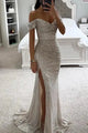 Elegant Off - Shoulder Sequin Mermaid Evening Maxi Dress for Women 2024 Formal Champagne Gown with Split Night Dress Style Perfect for Prom PartyAzizaK