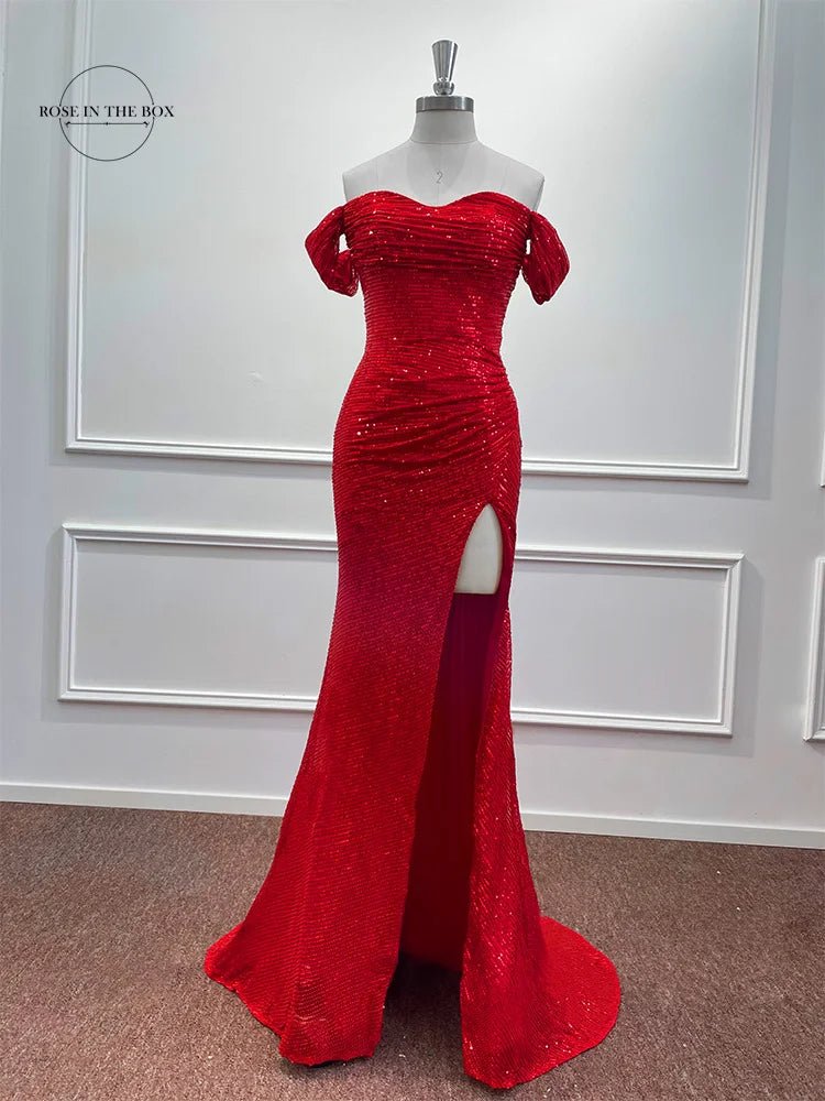 Elegant Off - Shoulder Sequin Mermaid Evening Maxi Dress for Women 2024 Formal Champagne Gown with Split Night Dress Style Perfect for Prom PartyAzizaK