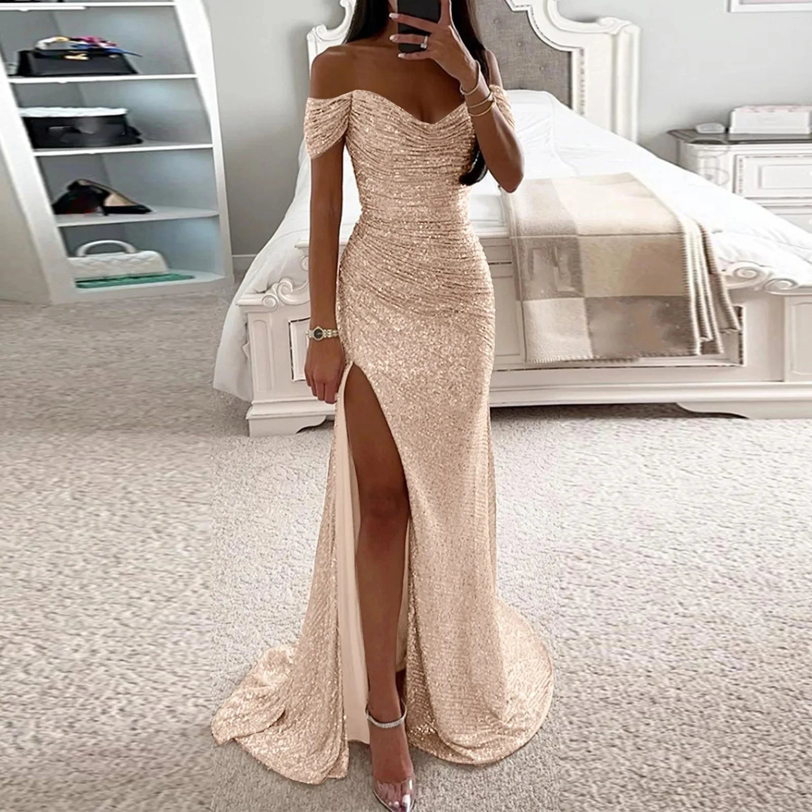 Elegant Off - Shoulder Sequin Mermaid Evening Maxi Dress for Women 2024 Formal Champagne Gown with Split Night Dress Style Perfect for Prom PartyAzizaK