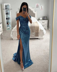 Elegant Off - Shoulder Sequin Mermaid Evening Maxi Dress for Women 2024 Formal Champagne Gown with Split Night Dress Style Perfect for Prom PartyAzizaK