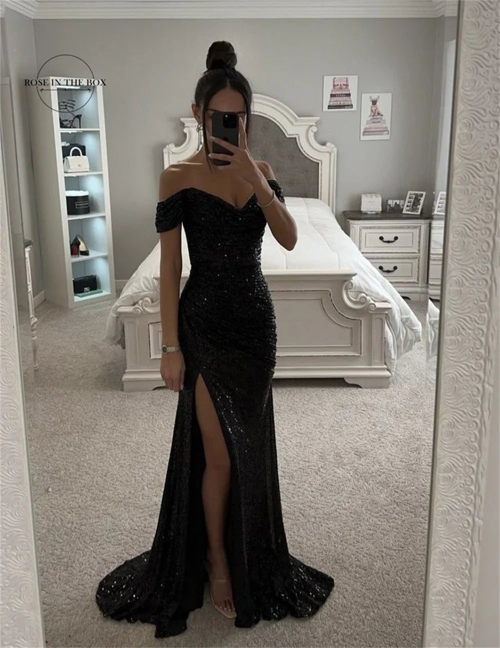 Elegant Off - Shoulder Sequin Mermaid Evening Maxi Dress for Women 2024 Formal Champagne Gown with Split Night Dress Style Perfect for Prom PartyAzizaK