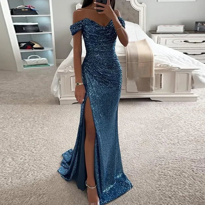 Elegant Off - Shoulder Sequin Mermaid Evening Maxi Dress for Women 2024 Formal Champagne Gown with Split Night Dress Style Perfect for Prom PartyAzizaK