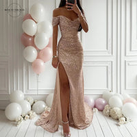 Elegant Off - Shoulder Sequin Mermaid Evening Maxi Dress for Women 2024 Formal Champagne Gown with Split Night Dress Style Perfect for Prom PartyAzizaK