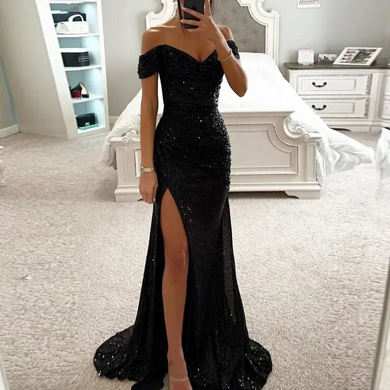 Elegant Off - Shoulder Sequin Mermaid Evening Maxi Dress for Women 2024 Formal Champagne Gown with Split Night Dress Style Perfect for Prom PartyAzizaK