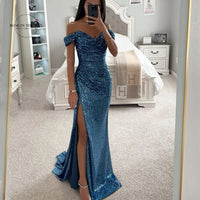 Elegant Off - Shoulder Sequin Mermaid Evening Maxi Dress for Women 2024 Formal Champagne Gown with Split Night Dress Style Perfect for Prom PartyAzizaK