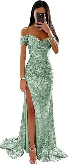 Elegant Off - Shoulder Sequin Mermaid Evening Maxi Dress for Women 2024 Formal Champagne Gown with Split Night Dress Style Perfect for Prom PartyAzizaK