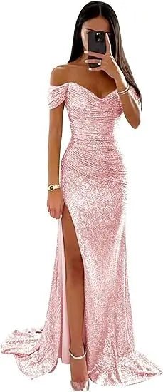 Elegant Off - Shoulder Sequin Mermaid Evening Maxi Dress for Women 2024 Formal Champagne Gown with Split Night Dress Style Perfect for Prom PartyAzizaK