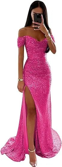 Elegant Off - Shoulder Sequin Mermaid Evening Maxi Dress for Women 2024 Formal Champagne Gown with Split Night Dress Style Perfect for Prom PartyAzizaK