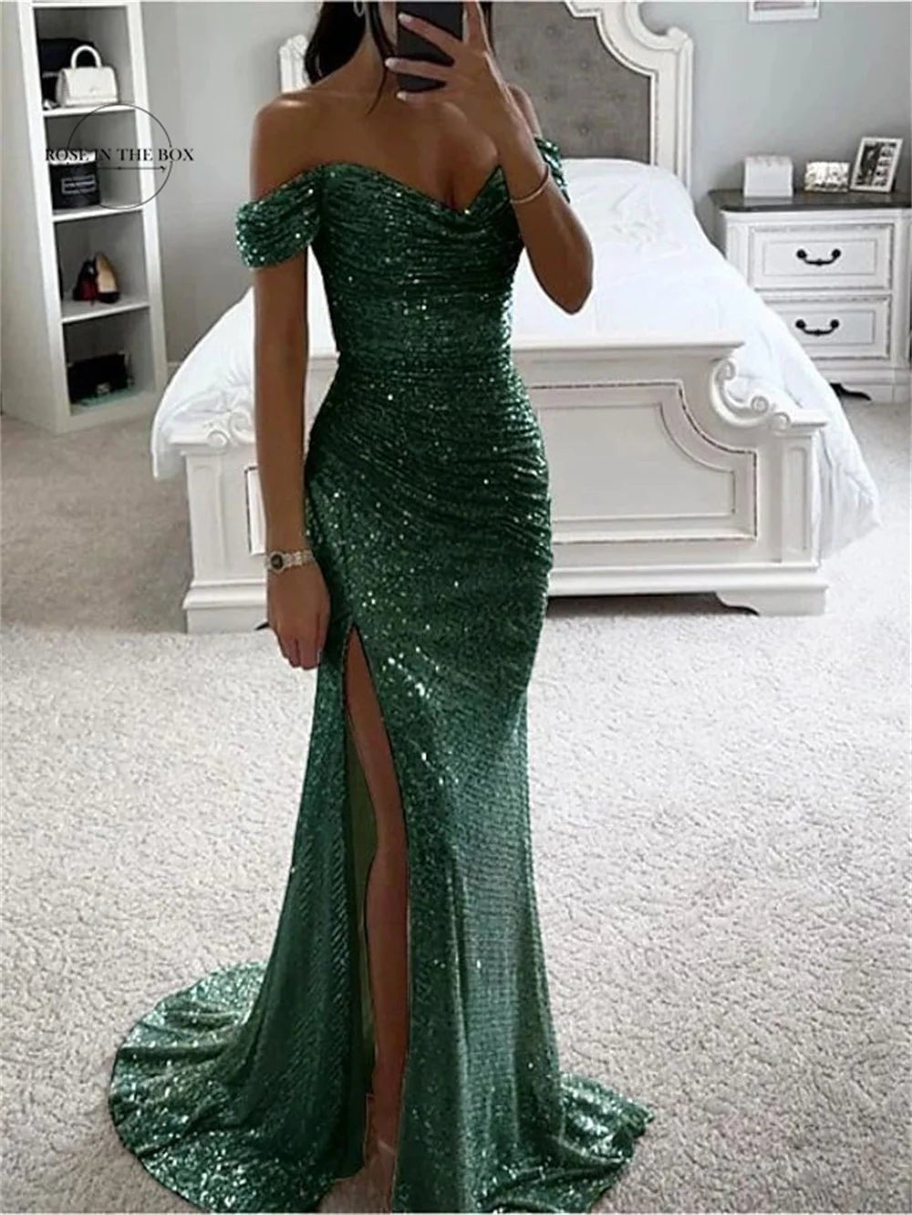 Elegant Off - Shoulder Sequin Mermaid Evening Maxi Dress for Women 2024 Formal Champagne Gown with Split Night Dress Style Perfect for Prom PartyAzizaK