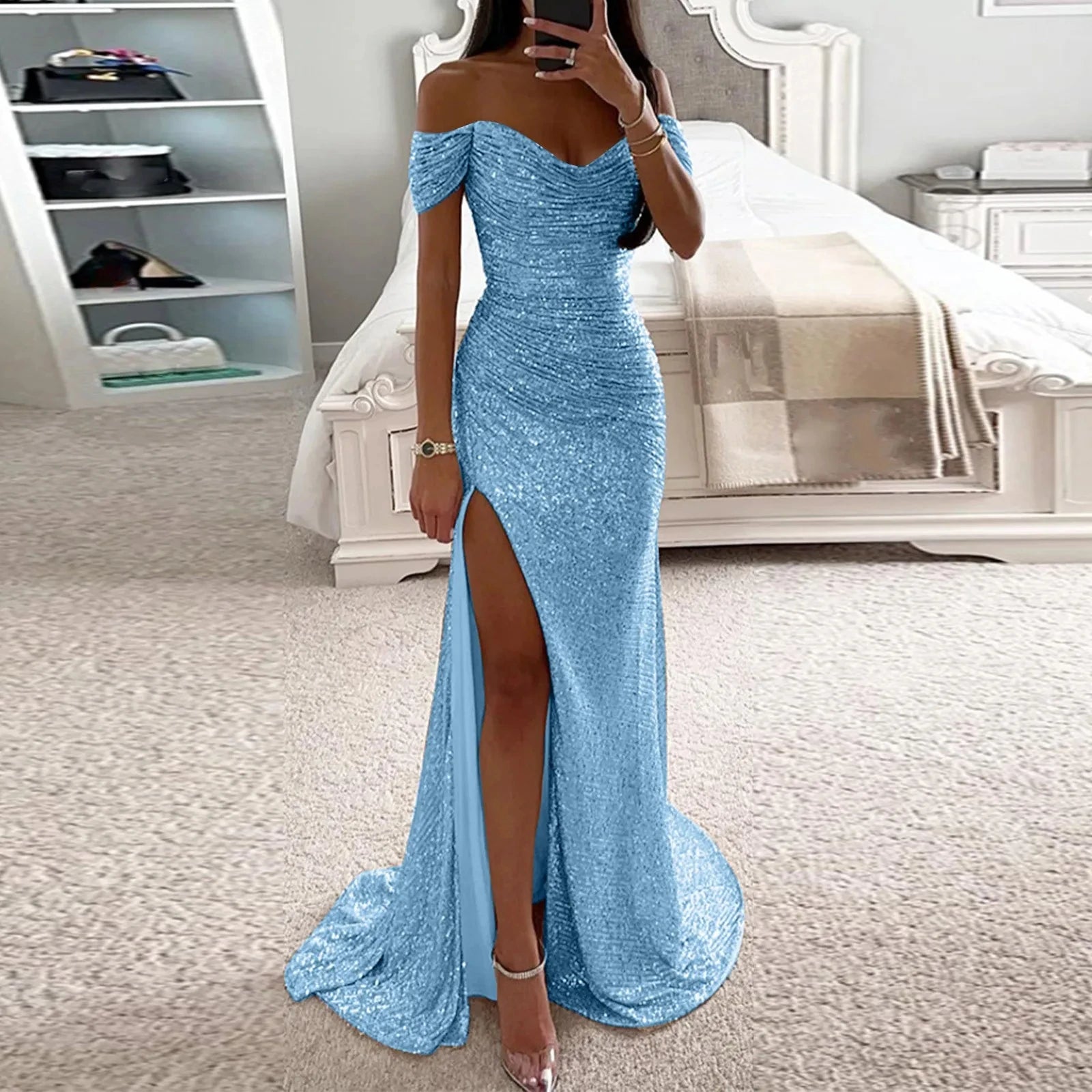 Elegant Off - Shoulder Sequin Mermaid Evening Maxi Dress for Women 2024 Formal Champagne Gown with Split Night Dress Style Perfect for Prom PartyAzizaK