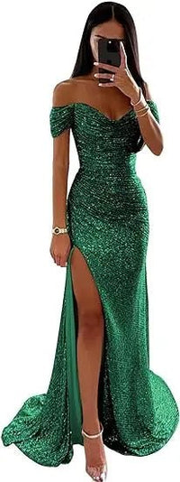 Elegant Off - Shoulder Sequin Mermaid Evening Maxi Dress for Women 2024 Formal Champagne Gown with Split Night Dress Style Perfect for Prom PartyAzizaK