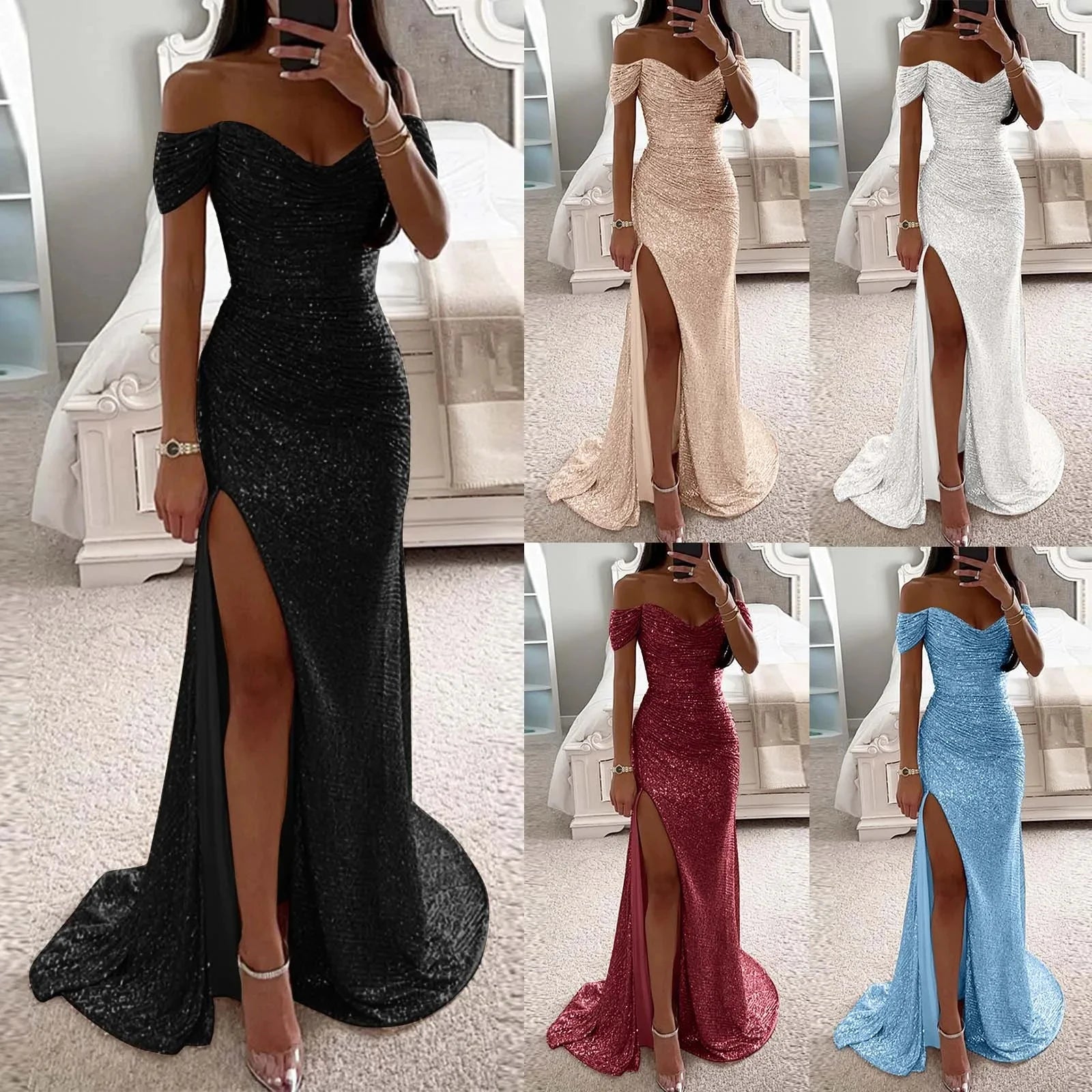 Elegant Off - Shoulder Sequin Mermaid Evening Maxi Dress for Women 2024 Formal Champagne Gown with Split Night Dress Style Perfect for Prom PartyAzizaK