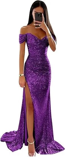 Elegant Off - Shoulder Sequin Mermaid Evening Maxi Dress for Women 2024 Formal Champagne Gown with Split Night Dress Style Perfect for Prom PartyAzizaK