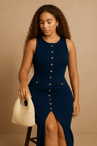 Elegant Ribbed Button - Front Midi DressAzizaK