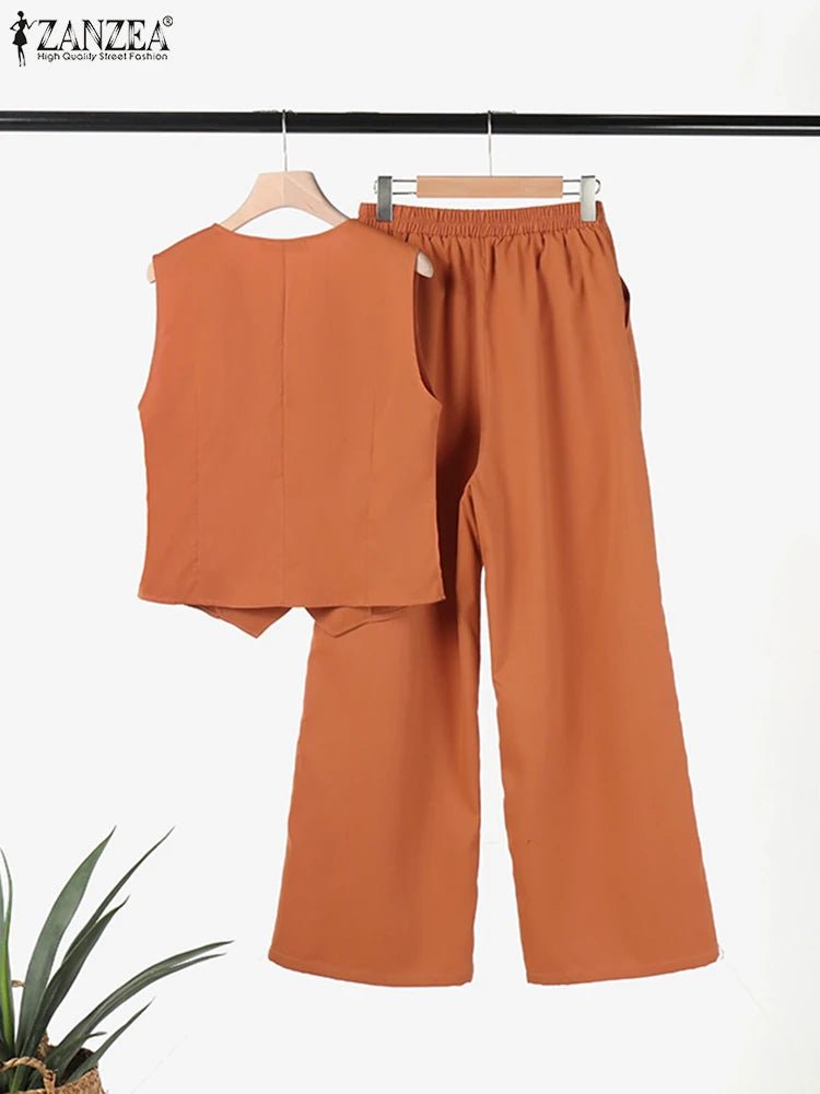 Elegant Sleeveless Wide Leg Pants Set Casual VestAzizaK