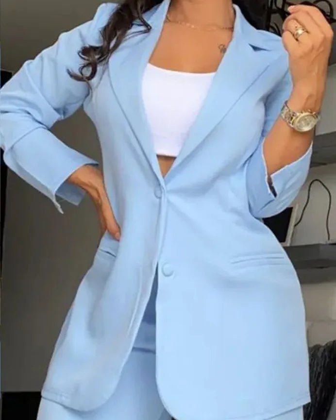 Elegant Women's Urban Suits 2024 Spring/Summer Notched Collar Blazer Long Sleeve Coat Pocket Design Button Pants SetAzizaK