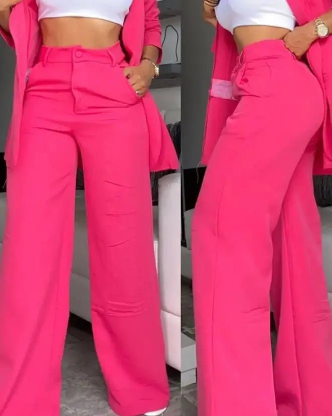 Elegant Women's Urban Suits 2024 Spring/Summer Notched Collar Blazer Long Sleeve Coat Pocket Design Button Pants SetAzizaK